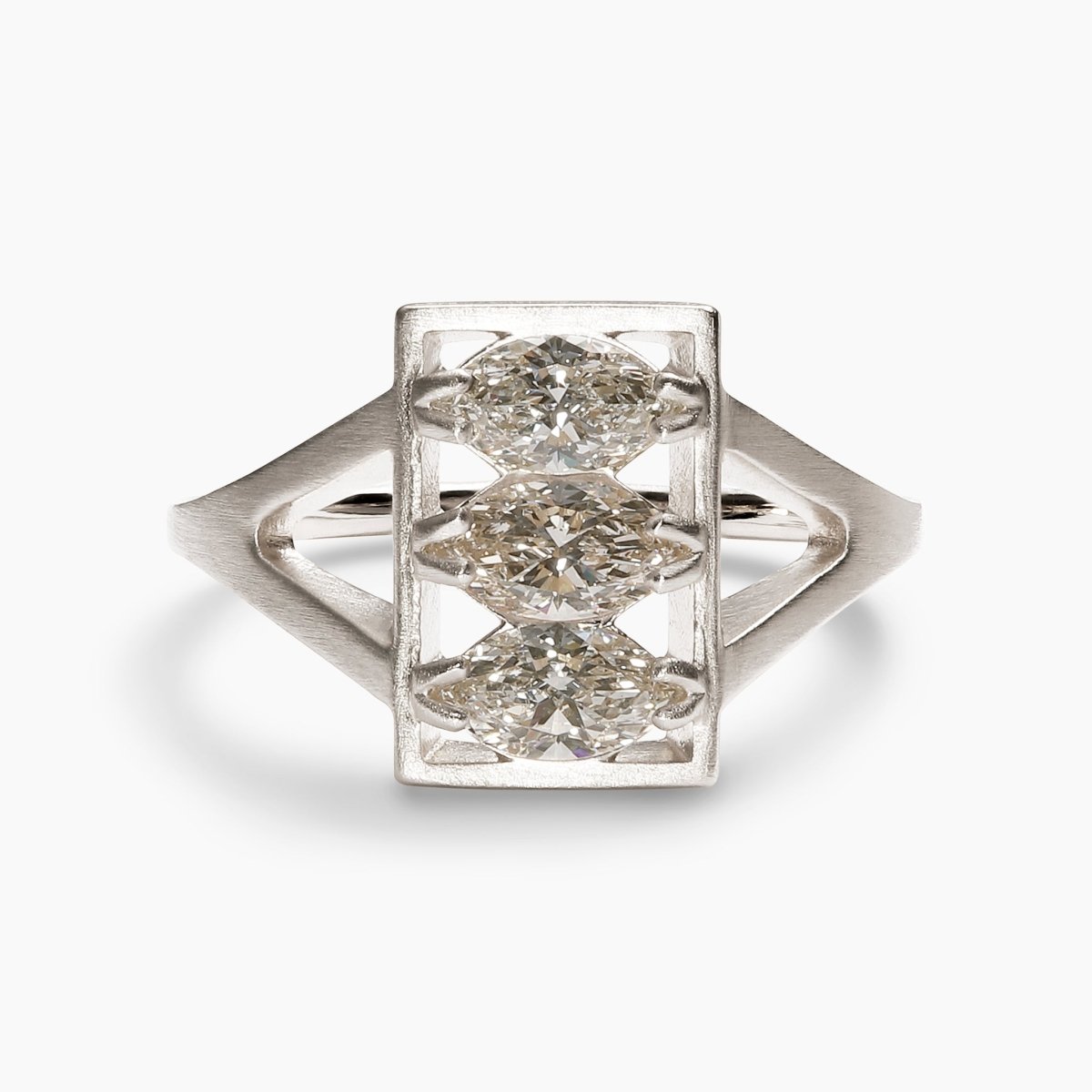 Rectangular Claro ring, featuring marquise lab-grown diamonds set in 14K white gold. Designed and handcrafted in Portland, Oregon.