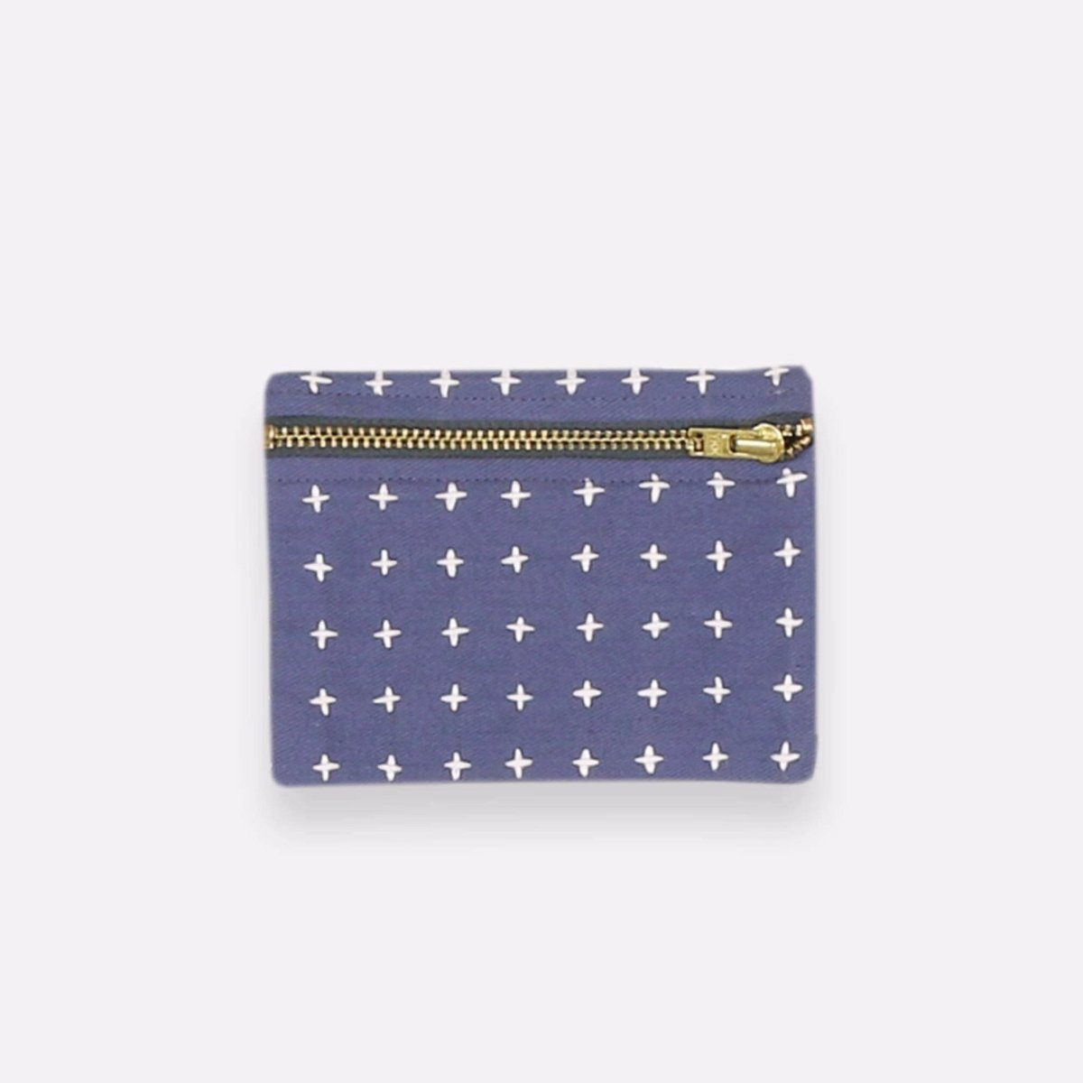 Square cross-stitch coin purse in the color Slate. Designed by Anchal in Louisville, Kentucky and made in Ajmer, India.