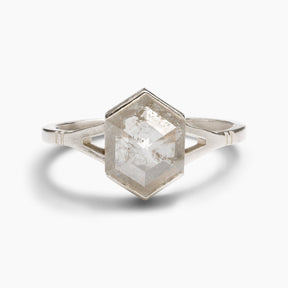 Hexagon salt & pepper diamond Dea ring. Features a split shank in 14K white gold. Designed and handcrafted in Portland, Oregon.
