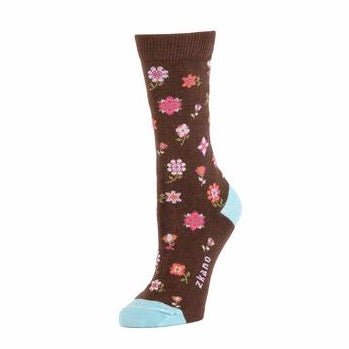 Brown sock with pink floral pattern and Zkano logo along the arch. Heal and toe are a powder blue. The Ditsy Floral crew Sock in Mocha is from Zkano and made in Alabama, USA.