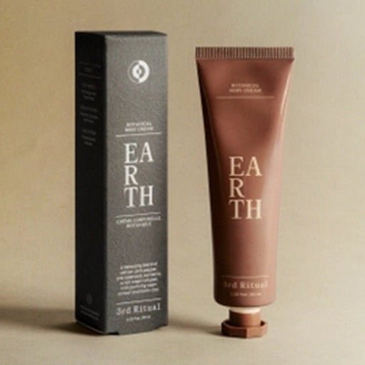 A brown tube of lotion stands next to a grey rectangular box. The Earth Botanical Body Lotion is developed and formulated by 3rd Ritual in New York City, NY.