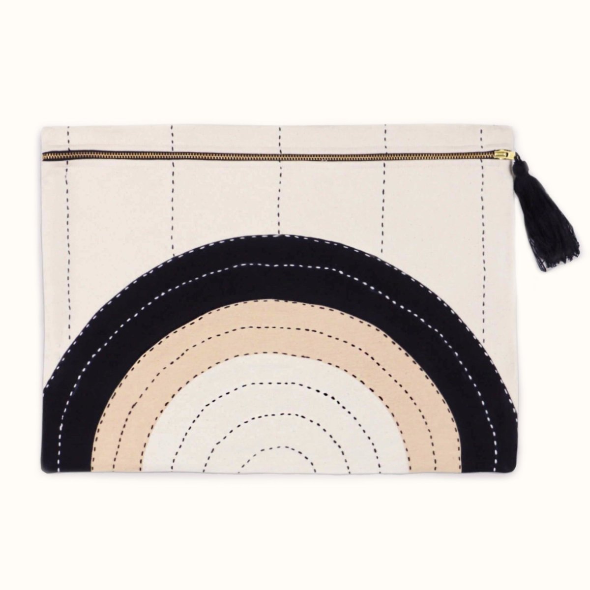 Oversized square pouch with a cross-stitched concentric pattern in neutral colors. Includes zipper with a black tassel. Designed by Anchal in Louisville, Kentucky and handmade in Ajmer, India.