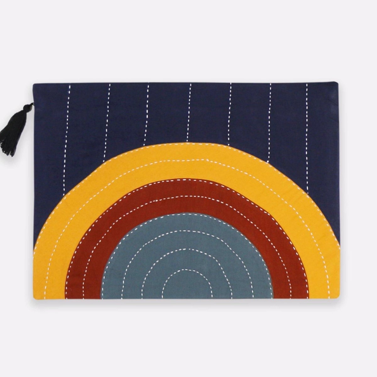 Back side of oversized square pouch with a cross-stitched concentric pattern in various colors. Includes zipper with a black tassel. Designed by Anchal in Louisville, Kentucky and handmade in Ajmer, India.