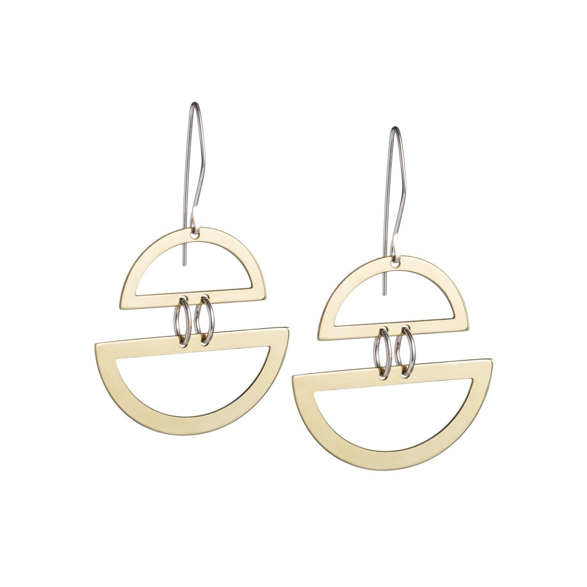 Modern, lightweight, polished brass semi-circle shapes, joined in the middle by two sterling silver rings, and dangling from hand-shaped sterling silver earring wires. Hand-crafted in Portland, Oregon.