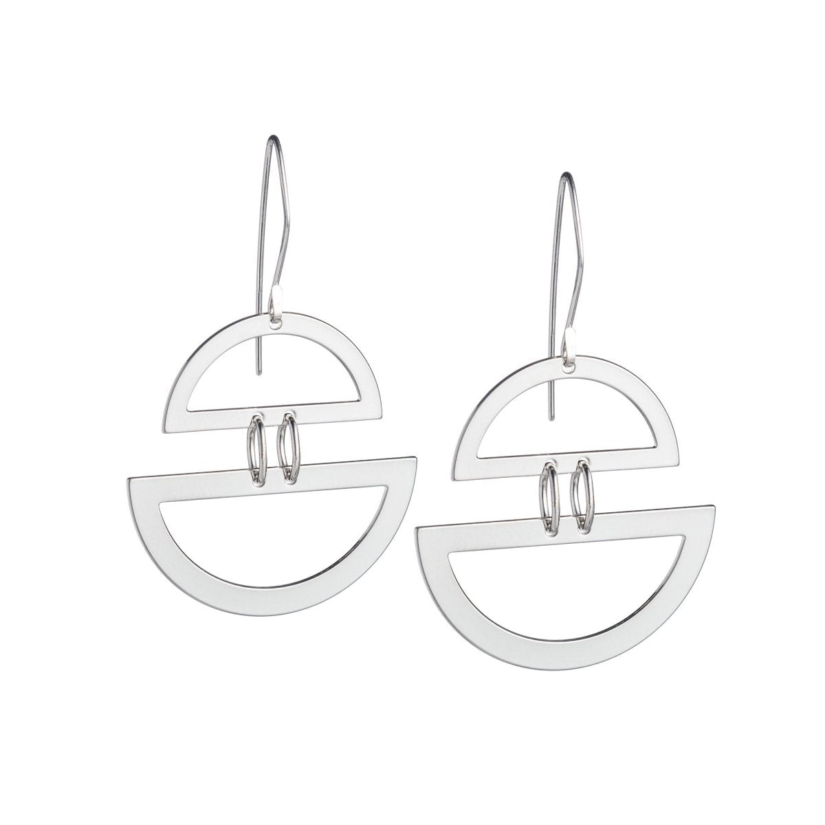 Modern, lightweight, polished sterling silver semi-circle shapes, joined in the middle by two sterling silver rings, and dangling from hand-shaped sterling silver earring wires. Hand-crafted in Portland, Oregon.