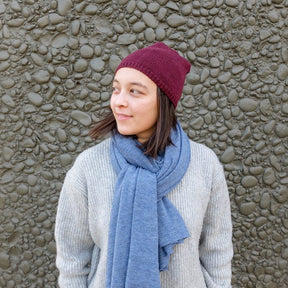 Hand-knit wool Greta Scarf in Sky Blue and Emma Hat in Wine Red from Dinadi