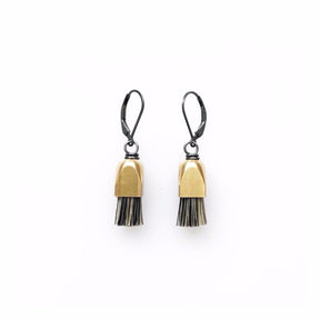 Grey horsehair fringe earrings with a dome shaped brass cap and oxidized sterling silver leverback. Designed and made by Boet in Portland, Oregon. 