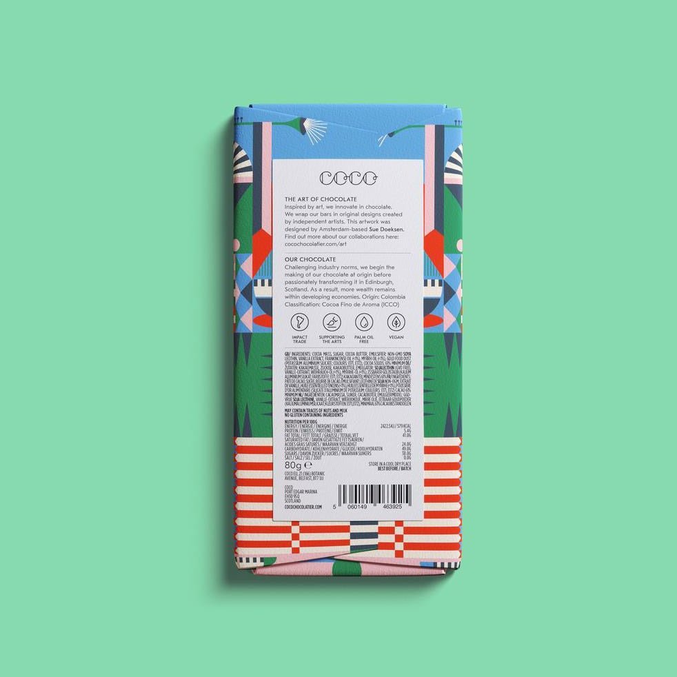 Ingredient list for Gold, Frankincense & Myrrh Chocolate Bar. Artwork is designed by artist Sue Doeksen. COCO Chocolatier is based in Edinburgh, Scotland.