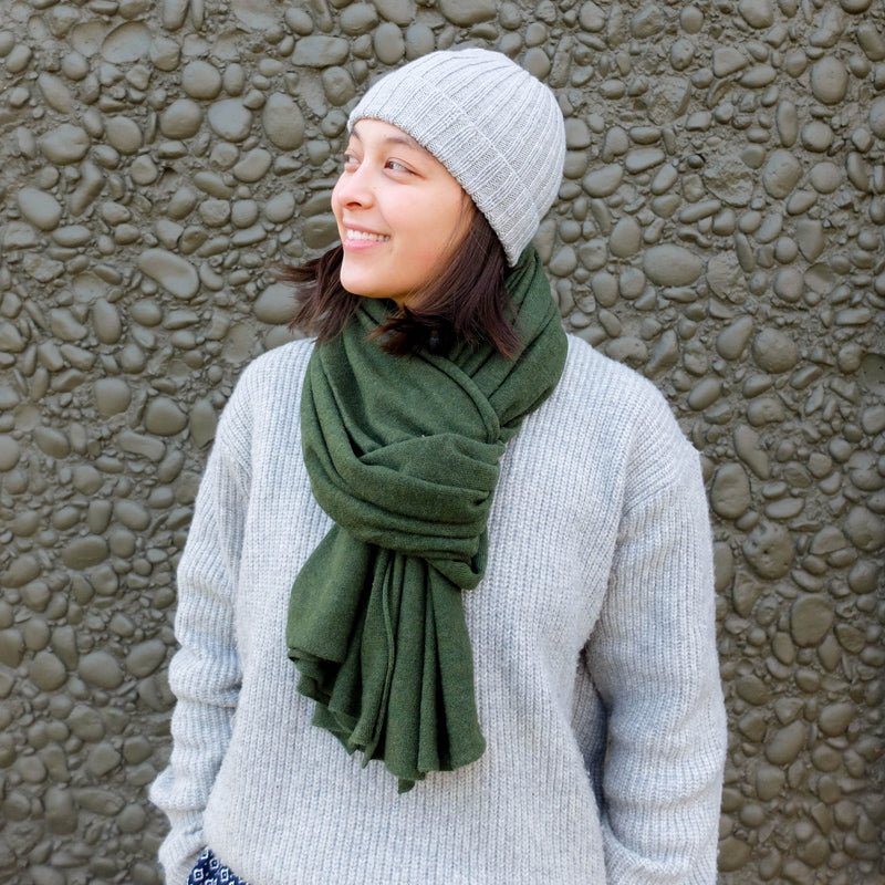 Hand-knit wool Greta Scarf in Forest Green and Gustaf Hat in Silver Grey from Dinadi