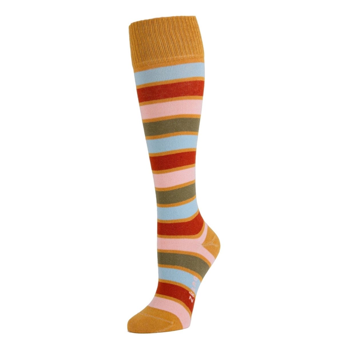 A knee high striped sock with yellow, red, pink and blue stripes. The toe and heel are a mustard yellow color. The Hazel Knee High Sock in Goldenrod Multi is from Zkano and made in Alabama, USA.