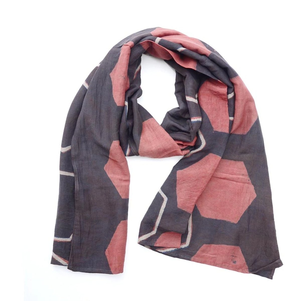 Honey Bee Cotton and Silk Scarf from Ichcha. 25% silk and 75% cotton. Shades of maroon and wine with a honeycomb pattern. Made in India.