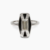 Imber cocktail ring with lab-grown baguette diamond focal and Oregon black jasper inlay. Set in 14K recycled white gold.