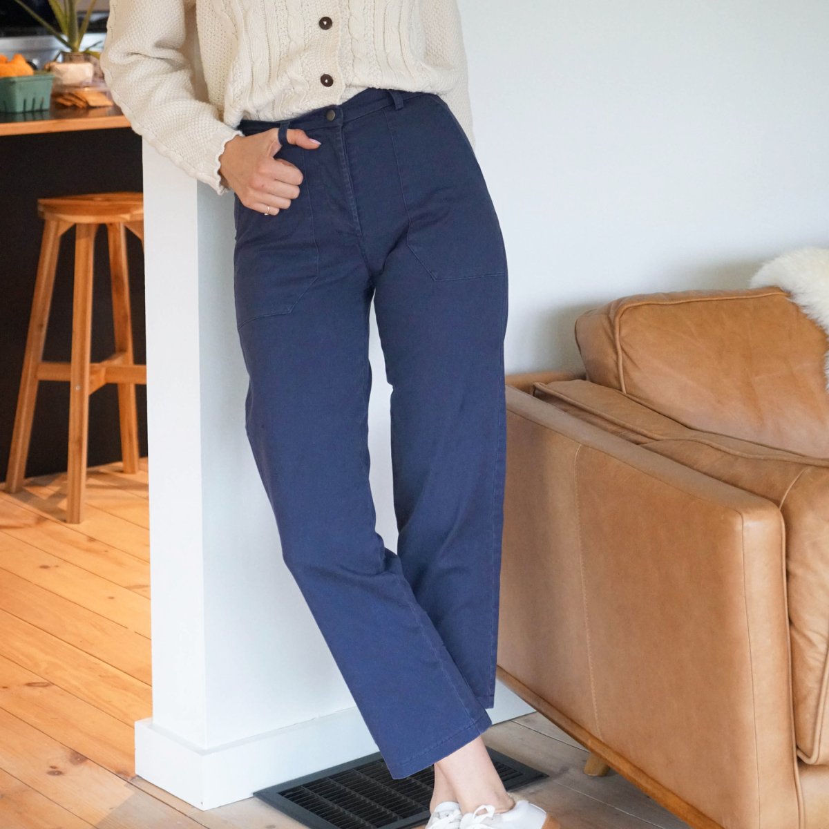 Navy blue straight leg work pants designed by Loup and made in New York City, USA.