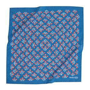 A blue bandana with a white a red floral pattern. Designed by Hemlock Goods in Fulton, MO and screen printed by hand in India.