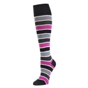 A knee high striped sock with black, grey and pink stripes. The toe and heel are black. The Hazel Knee High Sock in Black Multi is from Zkano and made in Alabama, USA.