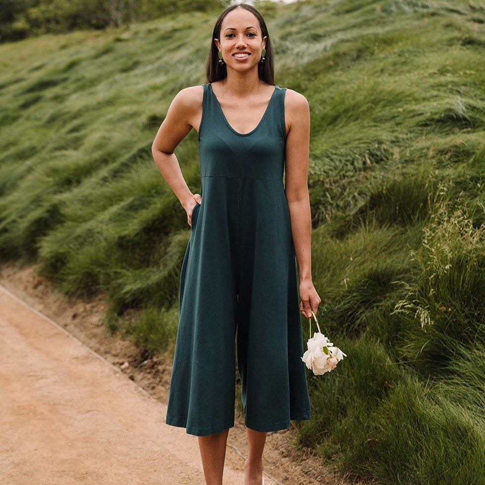 Relaxed sleeveless midi-length jumpsuit with pockets in the color Rich Teal. The Lakeside Jumpsuit is designed by Mien and made in Los Angeles, CA.