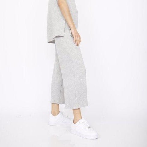 Wide leg pant with elastic waistband in Heather Grey. Fabric and pant made in Los Angeles, CA by Corinne Collective.