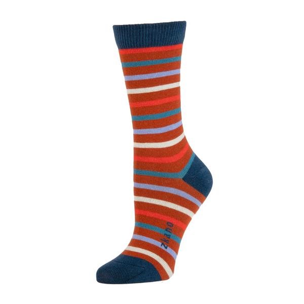 Bright red sock with blue, red and white stripes. The heel, toe and ribbed collar are navy as well as the logo along the arch. The Lila Classic Stripe Crew Sock in Cinnamon is designed by Zkano and made in Alabama, USA.