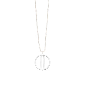 Small, open circle pendant of shiny cast silver with two vertical bars running through the center, on a sterling silver box chain. Hand-crafted in Portland, Oregon.