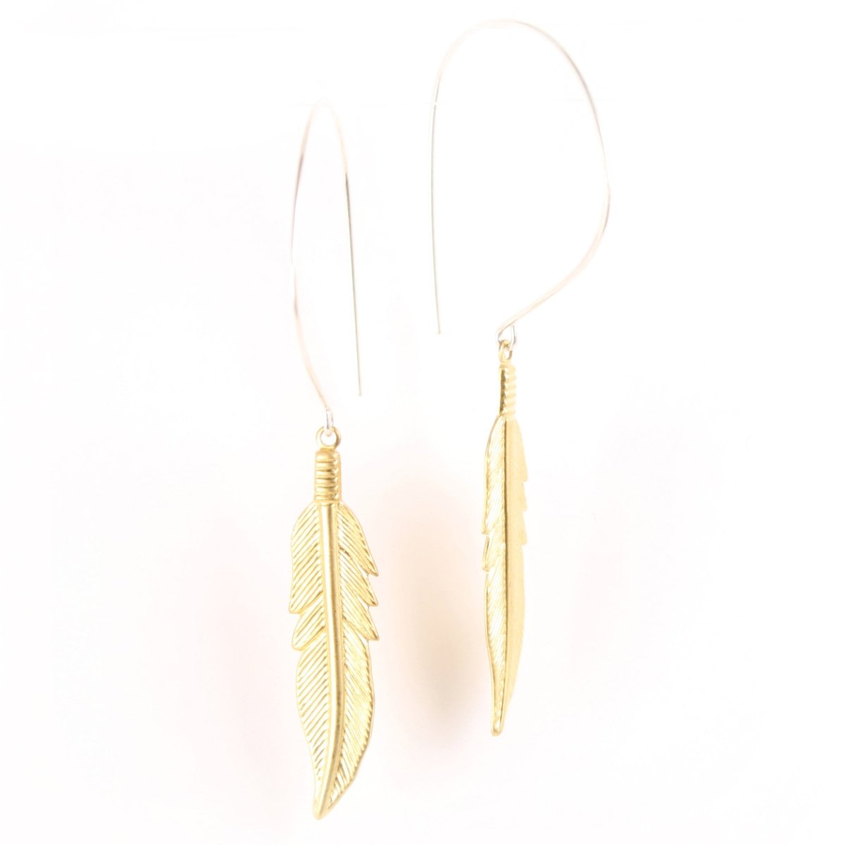 Silver hoop earrings with a dangling gold feather.