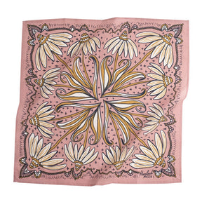 Pink bandana with a mirror image of yellow and white daisies. Designed by Hemlock Goods in Fulton, MO and screen printed by hand in India.