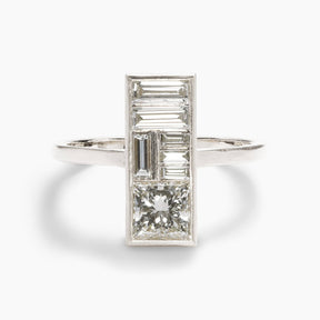 Rectangular Miro ring, designed and made in Portland, Oregon. Features lab-grown diamonds set in 14K recycled white gold.