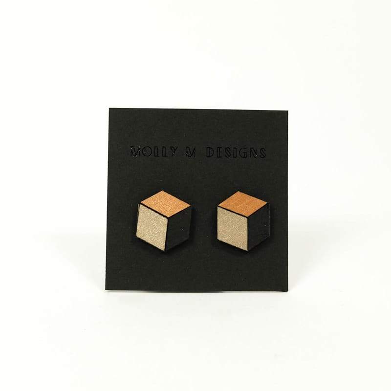 Architecturally inspired wood cube earrings by Molly M.