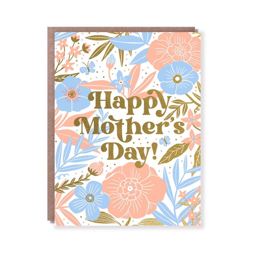 A white greeting card with a pink, blue and gold floral pattern. Front of card reads: "HAPPY MOTHER'S DAY!" Designed by Hello! Lucky and made in San Francisco, CA. Measures 4.25 x 5.5.