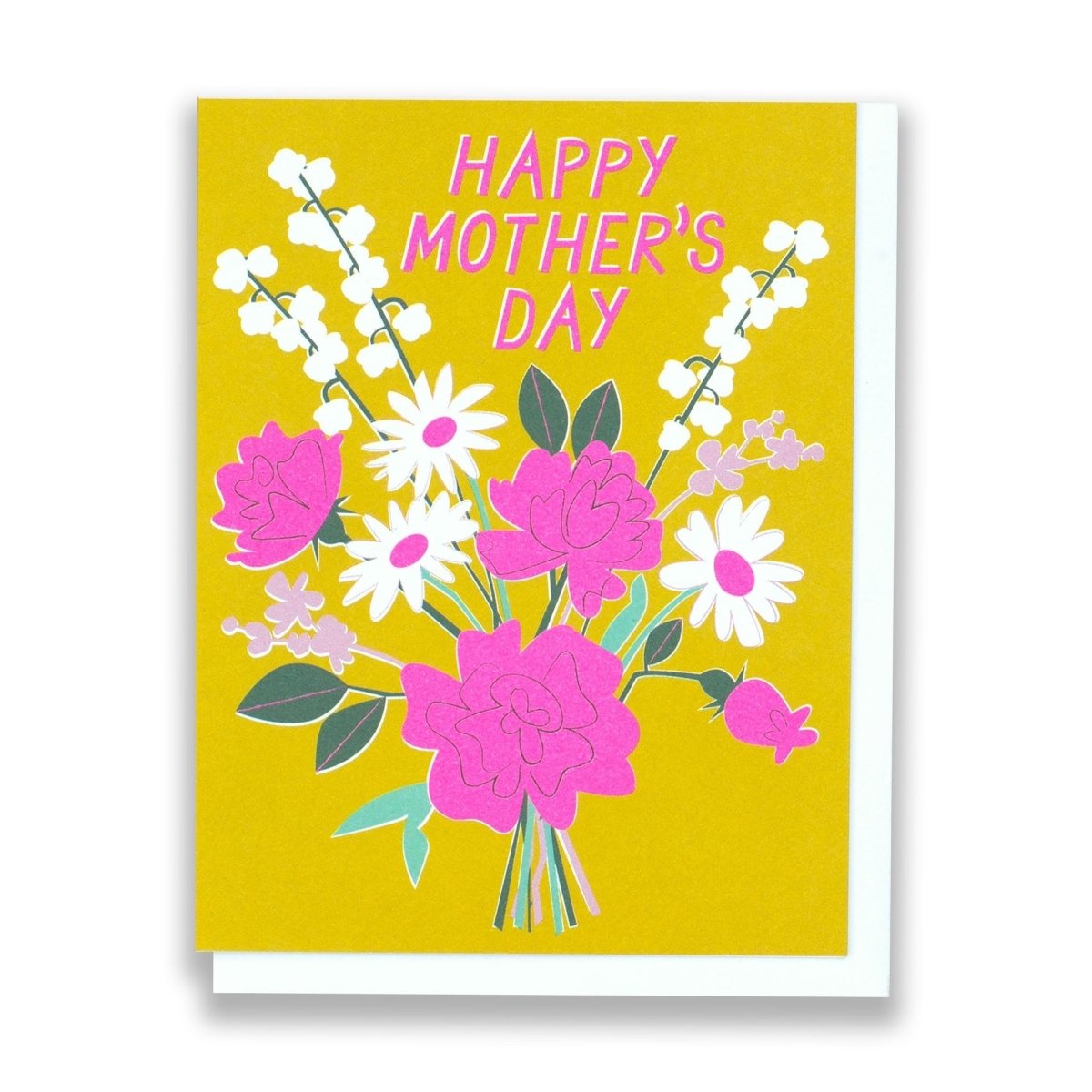 Front of card reads: "HAPPY MOTHER'S DAY." A bight mustard yellow card with a bouquet of pink white and green flowers. Made with recycled paper by Banquet Atelier in Vancouver, British Columbia, Canada.