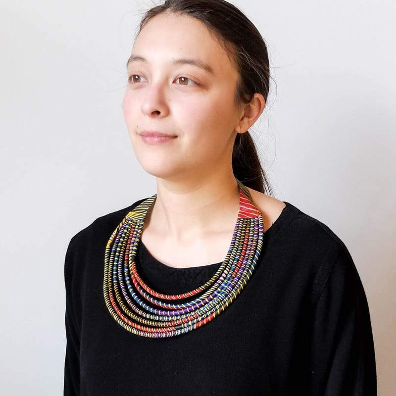 Burgundy, Teal, Purple and Yellow Striped Cloth Necklace from Senegal