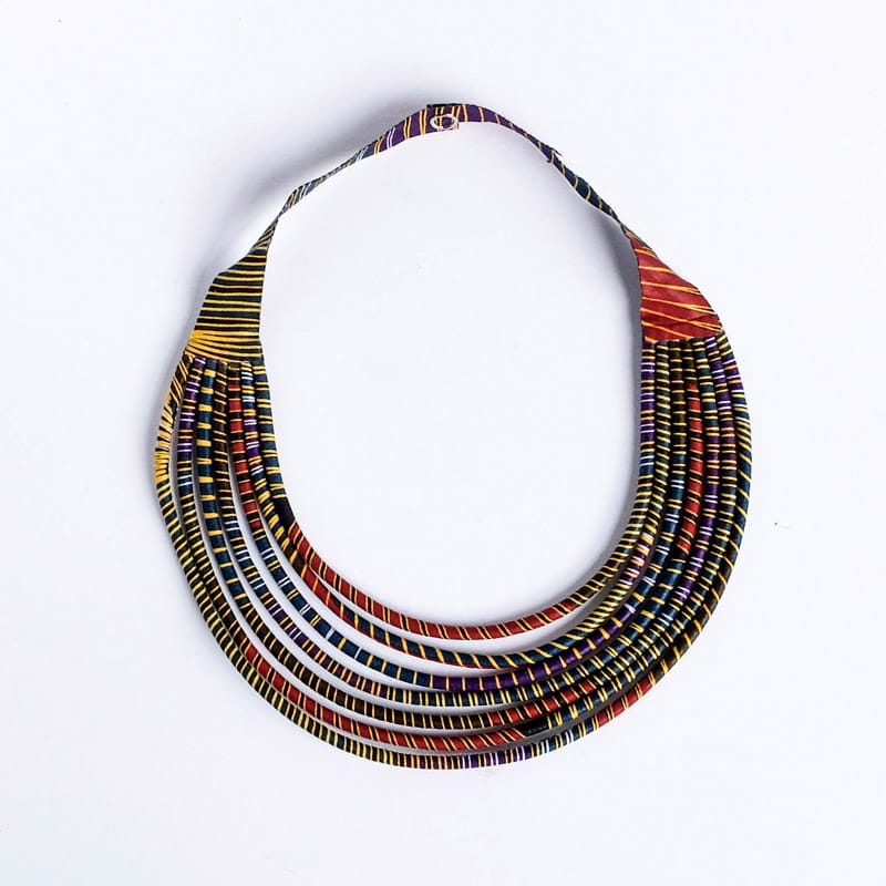 Burgundy, Teal, Purple and Yellow Striped Cloth Necklace from Senegal