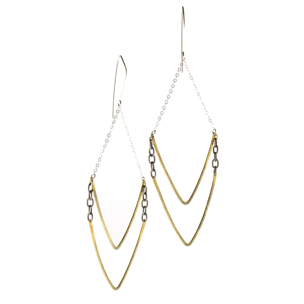 betsy & iya Double V earrings with hand pounded geometric inspired shapes.