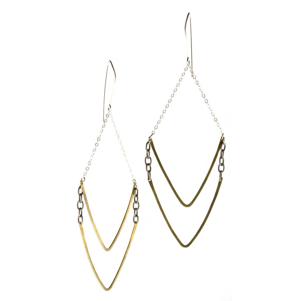 Double V brass and sterling earrings by Portland designer betsy & iya.