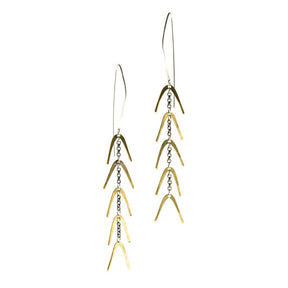 Gold dangle earrings, lightweight, full of movement, silver earwires. Gold spine betsy & iya jewelry