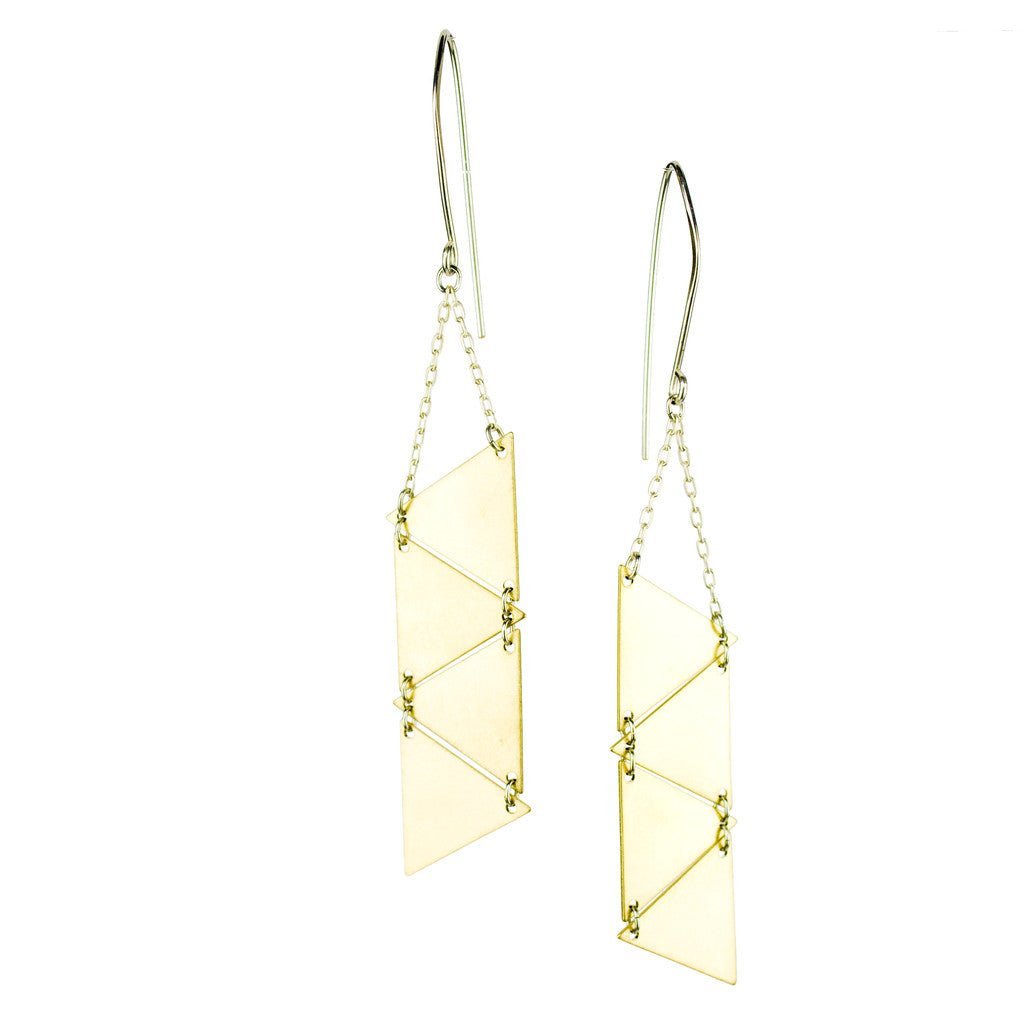 betsy & iya Sandstorm earrings with multiple triangles dangling from elegant silver ear wires.