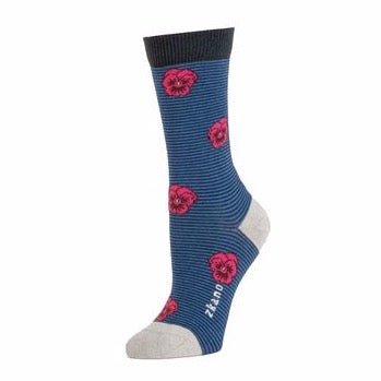 Dark blue striped sock with a pink pansy pattern and navy blue collar. Heel and toe are grey with the Zkano logo along the arch. The Pansy Stripe Crew Sock in Indigo is from Zkano and made in Alabama, USA.