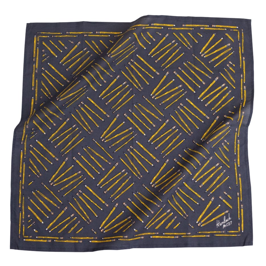 Navy blue bandana with illustrations of pencils that form a pattern. Designed by Hemlock Goods in Fulton, MO and screen printed by hand in India.
