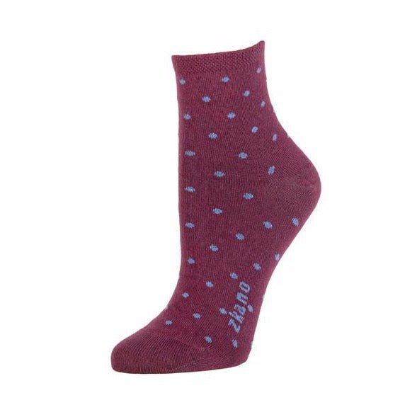 Deep wine red sock with a polka dot pattern throughout. Dots and logo along the arch are in a periwinkle blue. The Polka Dot Anklet in Merlot is designed by Zkano and made in Alabama, USA.