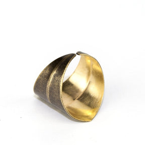 Inside view of an antiqued oxidized brass band ring.