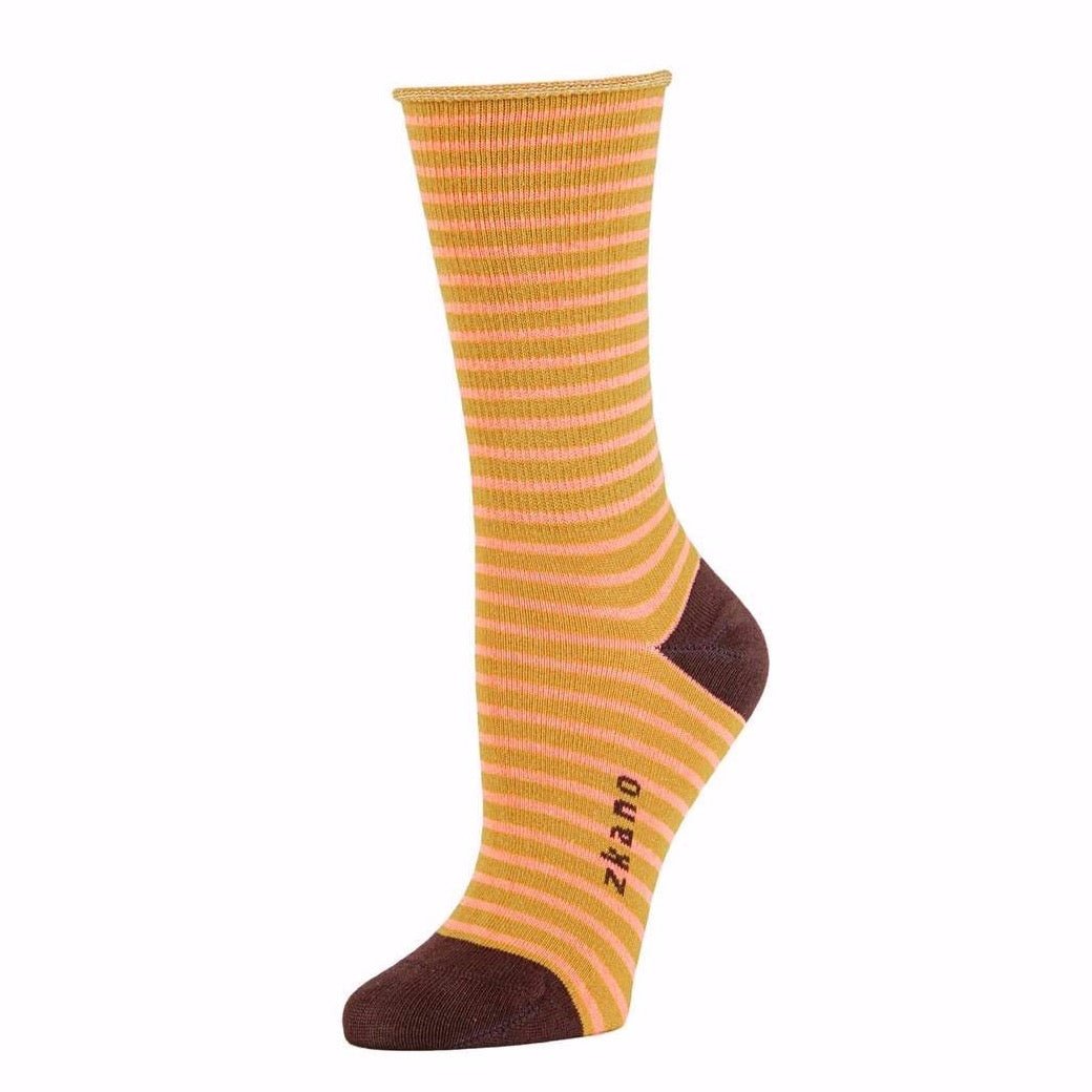 Gold colored sock with light pink stripes and a dark brown heel and toe. The Rose Striped Roll Top Crew Sock in Harvest Gold is from Zkano and made in Alabama, USA.