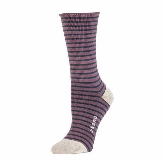 Purple crew sock with navy blue stripes and off-white heel and toe. The Rose Striped Roll Top Crew Sock in Amethyst is from Zkano and made in Alabama, USA.