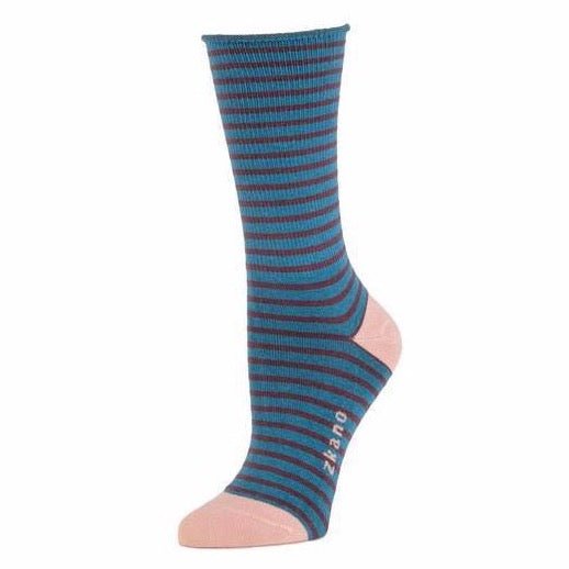 Teal sock with maroon stripes and light pink heel and toe. The Rose Striped Roll Top Crew Sock in Teal is from Zkano and made in Alabama, USA.