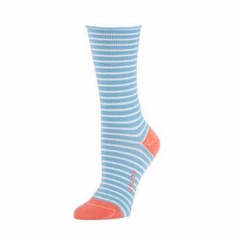Blue and white striped sock with Zkano logo along the arch. The heel and tow are a pale red. The Rose Striped Roll-Top Crew Sock in Sky Blue is from Zkano and made in Alabama, USA.