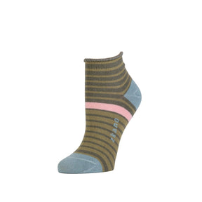 A green sock with dark green stripes and a singular pink stripe and a light blue heel and toe. The Rosette Anklet in Olivine is from Zkano and made in Alabama, USA.