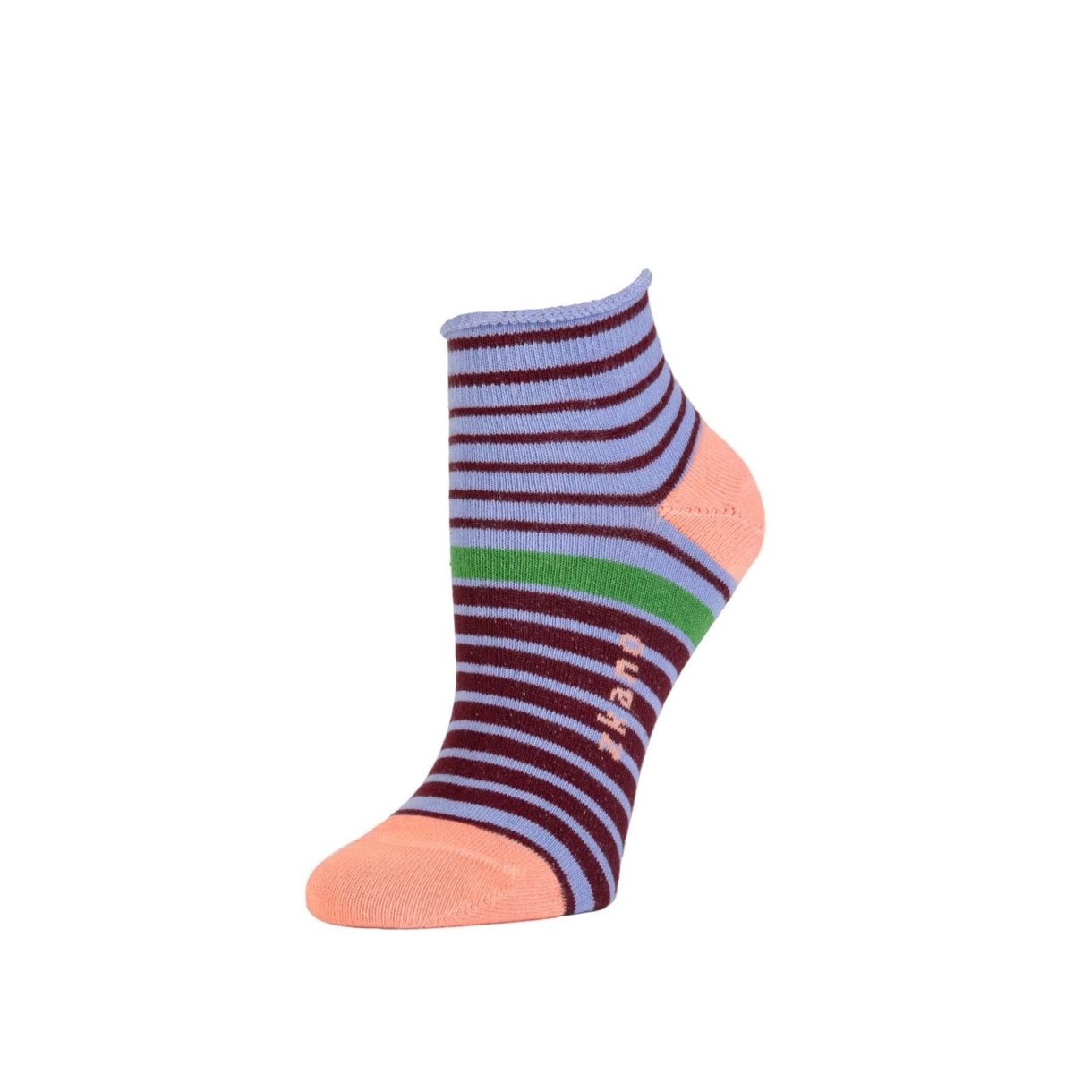 A periwinkle sock with maroon stripes and a singular bright green sock with a light pink toe and heel. The Rosette Anklet in Violet is from Zkano and made in Alabama, USA.