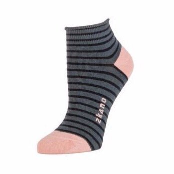 Grey sock with thin black stripes and ribbed collar. Pink heel and toe with pink Zkano logo. Designed by Zkano and made in Fort Payne, Alabama.
