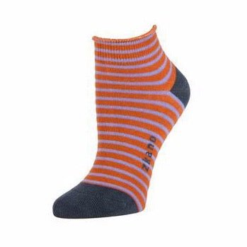 Red sock with light blue thin stripes and a ribbed collar. Heel and toe are a navy blue with a navy blue Zkano logo along the arch. Designed by Zkano and made in Fort Payne, Alabama.
