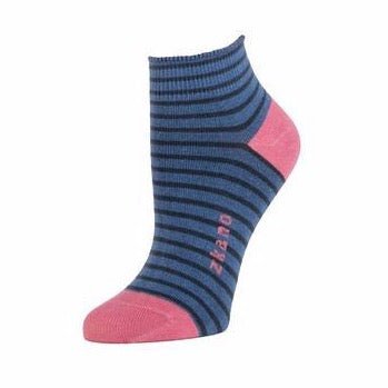 Dark blue sock with thin navy blue stripes. Heel and toe are a bright pink with a bright pink Zkano logo along the arch. Designed by Zkano and made in Fort Payne, Alabama.