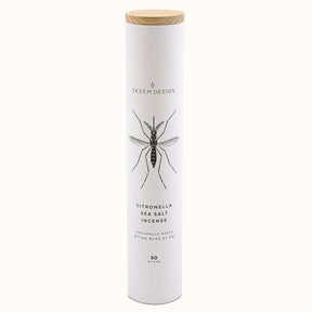 White cylindrical shaped packaging with a black insect design. Contains fifty citronella outdoor incense sticks in the scent sea salt. Made in Philadelphia, PA by SKEEM Design.