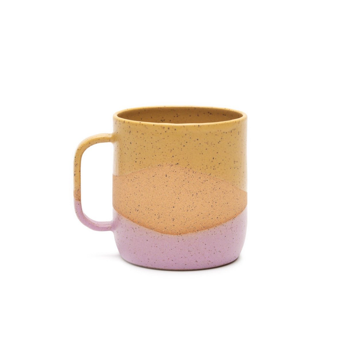 A wheel thrown speckled clay mug in a two tone matte yellow and purple. Handmade by Sunflower Studios in Portland, OR.